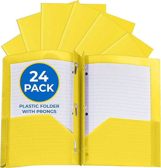 24 Pack Yellow Plastic Folders with Pockets Heavy Duty. 2 Pocket Folder with Prongs Bulk. Tear-Resistant Letter Size 8.5x11. Presentation Ready School and Office Supplies