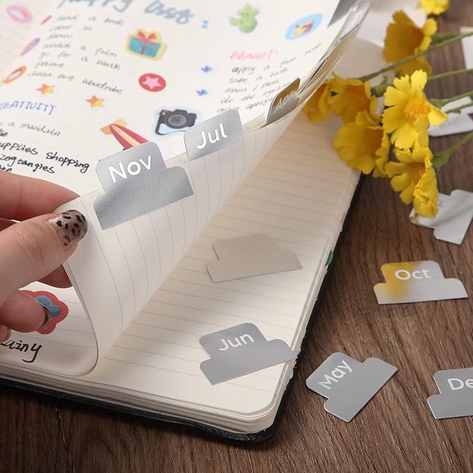 72 Pieces Adhesive Monthly Planner Tabs Monthly Index Stickers Decorative Label Calendar Stickers for Office Study Planner Journal Notebook Back to School Accessories(Silver)