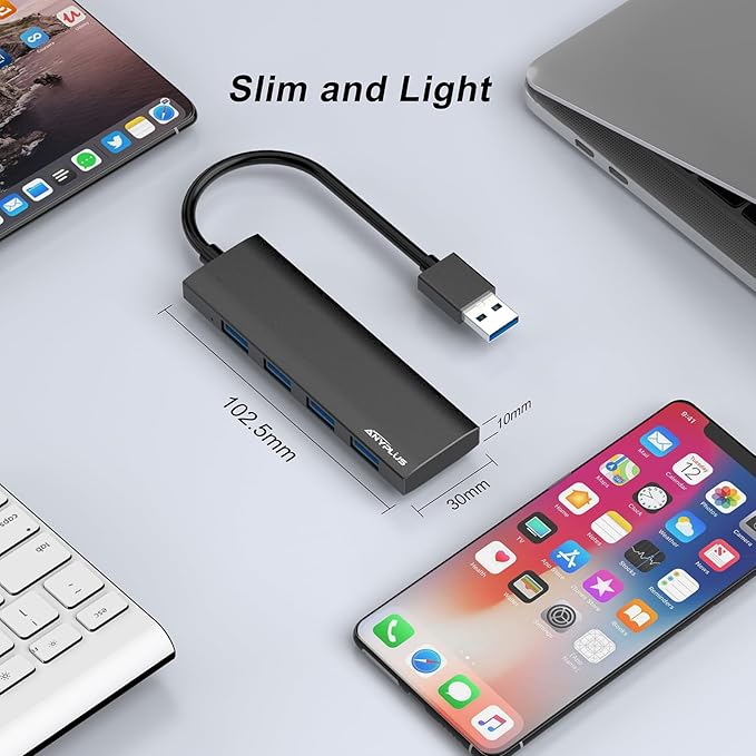 USB Hub, USB 3.0 Hub Aluminum Alloy Ultra Slim USB Splitter, Portable 4 Port USB Extender, USB Hub for Laptop, PC, MacBook, iMac, Surface Pro, Mac Pro, Flash Drive, XPS 【Black】