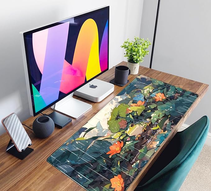 Anime Frog Mouse Pad Desk Mat Cure Frogs On Rainy Days Green Desk Decor Mat, Large Gaming Mouse Pad for Desk Computer Keyboard Laptop, Desk Decor Home Office Accessories for Girl with Stitched Eges