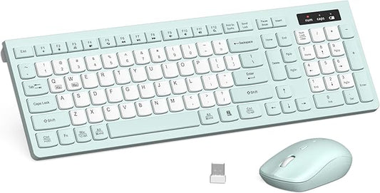 Silent Keyboard and Mouse Combo Wireless,ful-Sized Wireless Keyboard and Adjustable DPI Mouse, 2.4GHz USB Receiver, Keyboard and Mouse for PC, Windows, MAC, Desktop, Laptop (Mint Green-B)