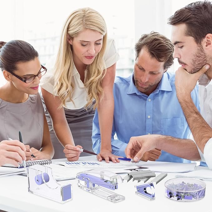 Office Supplies Set Desk Accessory Kit, Acrylic Stapler Set Staple Remover, Tape Dispenser, Binder Clips, Paper Clips, Ballpoint Pen and Scissor with 1000 Pieces 26/6 Staples (Purple)