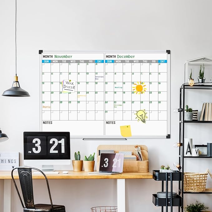 XBoard Magnetic Calendar Whiteboard 48" x 36" - 2 Month Dry Erase Board, White Board + Colorful Calendar Board, Silver Aluminium Framed Monthly Planning Board