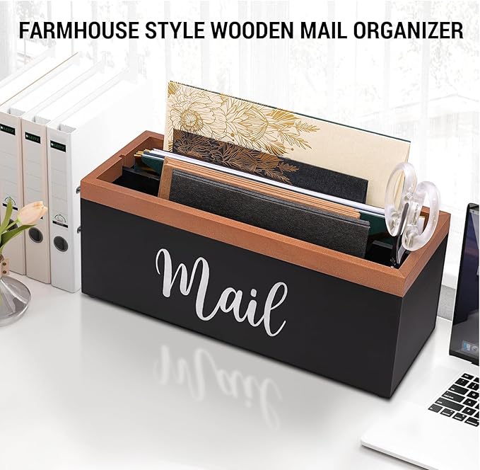 100% Real Wood Mail Organizer for Countertop, Dual-Sided Mail Script Design, Mail Holder for Office, Desk, Entryway Table, Rustic Farmhouse Style, Great Home Decor Gifts