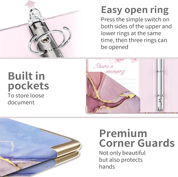 Ospelelf Mini 3 Ring Binder 1 Inch, Cute Pink Marble for 5.5" x 8.5" With 5 Tab Dividers, File Folder Labels and Low Profile Clipboards for School and Office Supplies