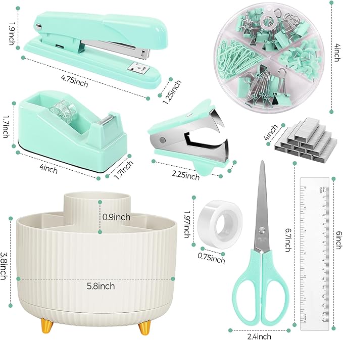 SKYDUE Teal Office Supplies Set, Office Desk Accessories 10Pcs, Pencil Holder for Desk, Stapler, Tape Dispenser, Scissors, Clips and 1000pcs Staples, School Supplies for Teacher