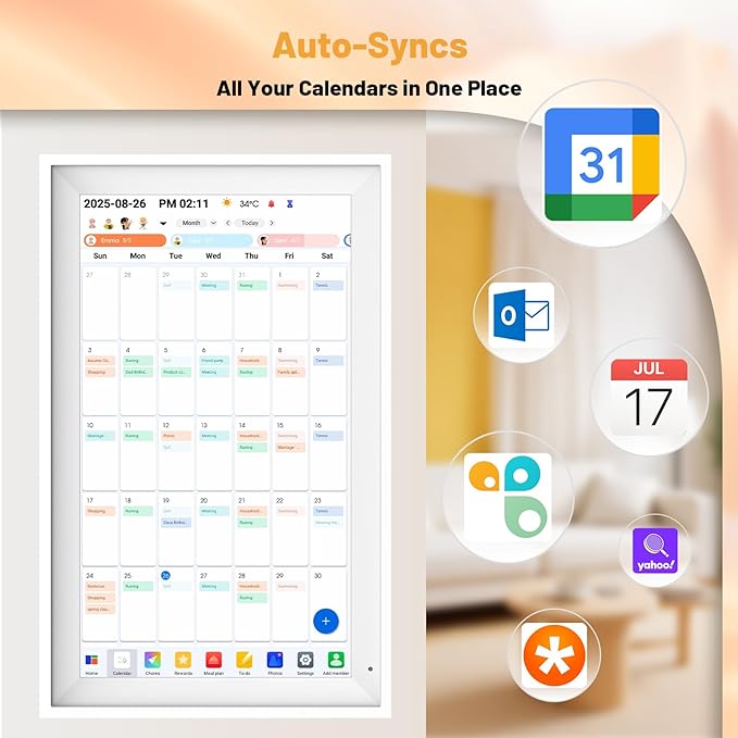 Digital Calendar 15.6" Smart Calendar&Chore Chart, 1920*1080 Interactive Touchscreen Electronic Calendar for Family Schedules, 64GB Wifi Meal Planner, Wall&Desk Mountable, 2025 Calendar-White