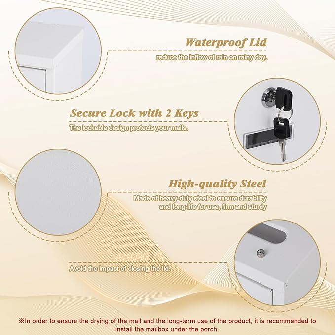 xydled Mail Boxes with Key Lock,Locking Mailbox Wall Mounted,Security Metal Mailbox Drop Box, Modern Large Capacity,Steel Cover Metal Postbox for House Home Outside, White, 14.2''x12.6''x4''