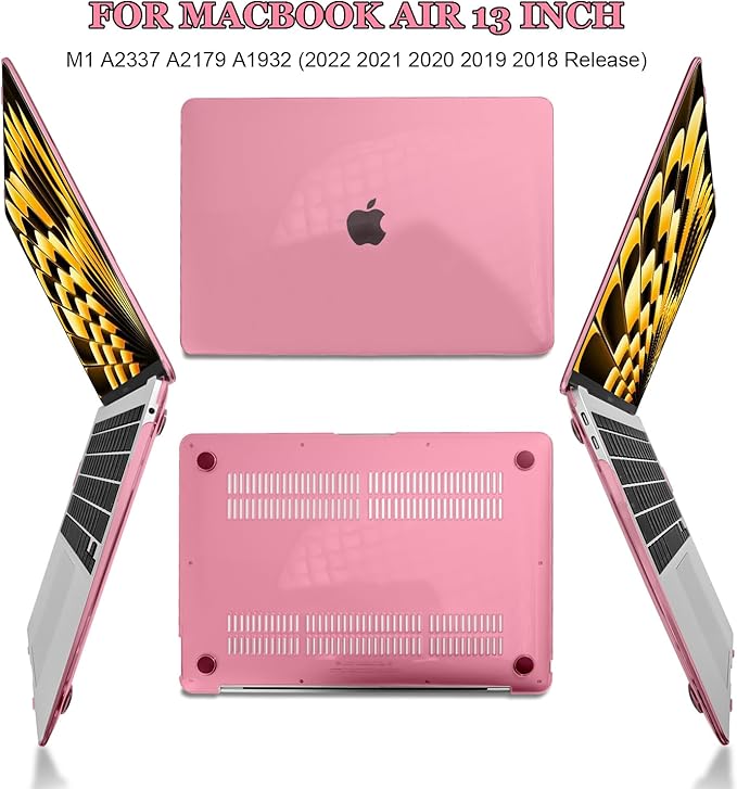 Compatible with 2021 2020 2019 2018 MacBook Air 13 inch Case Release M1 Chip A1932 A2179 A2337, Plastic Hard Shell Case Keyboard Cover Screen Film for MacBook Air 13 inch 2021, Crystal Pink