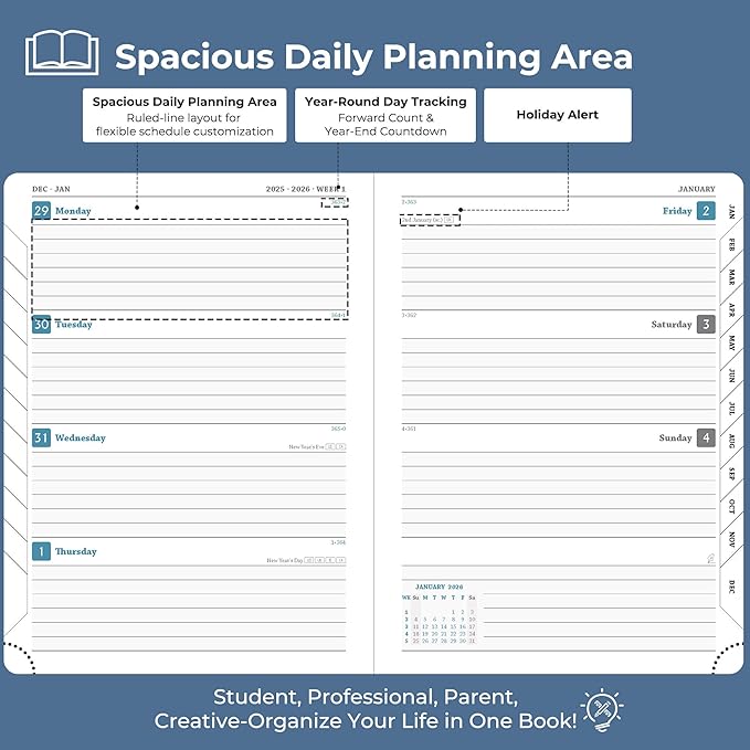 Planner 2026 Daily Weekly and Monthly,8.5"x6.5",12 Months Spiral Bound Calendar Agenda with Self-adhesive Pen Holder,2026 Appointment Book with Vegan Leather Soft Cover,Blue
