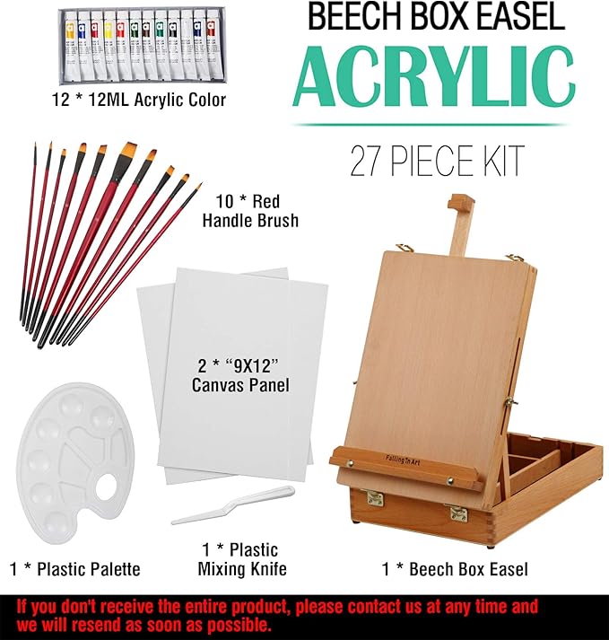 Falling in Art Beechwood Easel Box Set, 27 Pcs Tabletop Acrylic Paint Set, Portable Display Easel Stand with 12 Acrylic Paints, Canvas Panels and Brushes, Suitable for Beginners and Professionals
