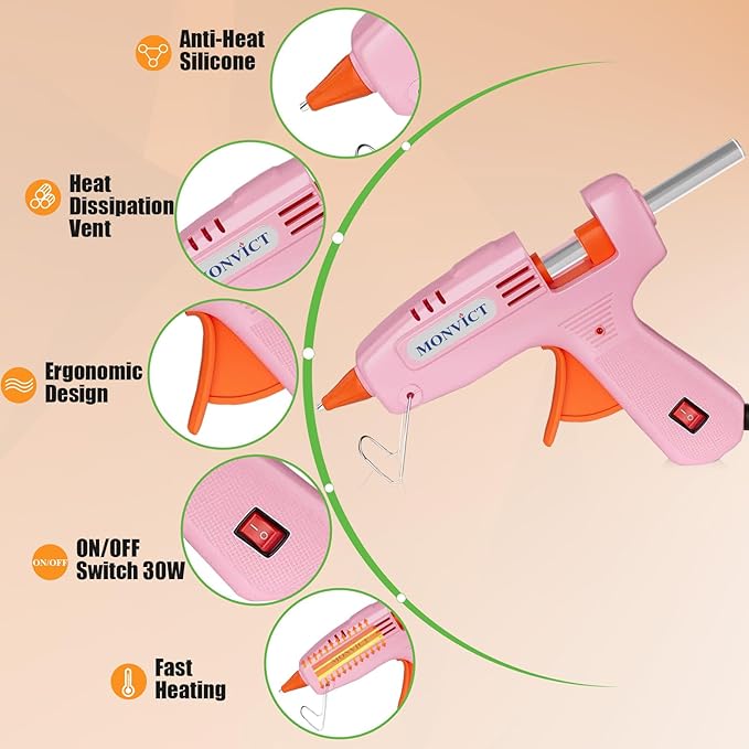 MONVICT Hot Glue Gun Kit, Mini Pink Glue Gun with Carrying Case,20 Pcs Premium Glue Sticks, 10 Pcs Wood Craft sticks, Fast Preheating Hot Melt Glue Gun for School Crafts DIY Arts Gift (Pink, 30Watts)