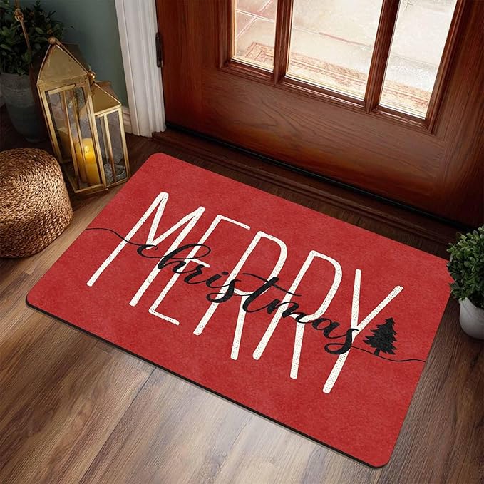 Merry Christmas Doormat Red Funny Text Door mat Outdoor Entrance Christmas Festival Carpet for Outside Entrance Or Porch Entry Entrance Decoration, 18" x 30"Inch