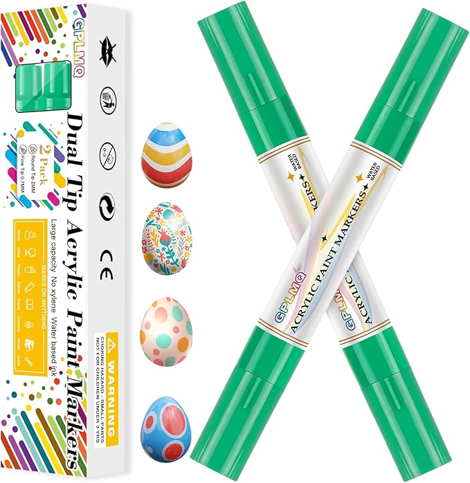 Paint Markers Paint Pens - 2 Pack Dual Tip Acrylic Permanent Marker (0.7mm & 3mm), Non-Toxic, Water-Based for Art Painting, Stone, Ceramic, Glass, Wood, Fabric, Metal, DIY Crafts (Green)