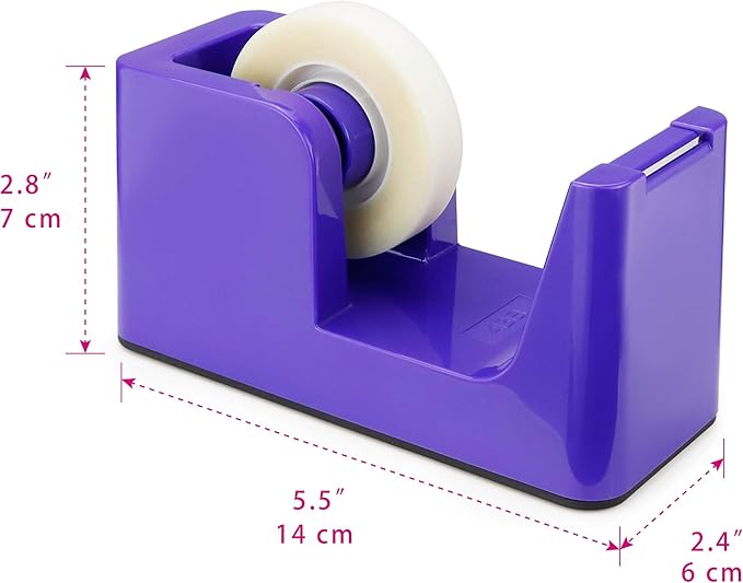 ABEL SimpleWork Desktop Tape Dispenser, Purple, 1 in Core, Non-Skid Weighted Base, Tape Cutter for Office, Home, School, and Crafts