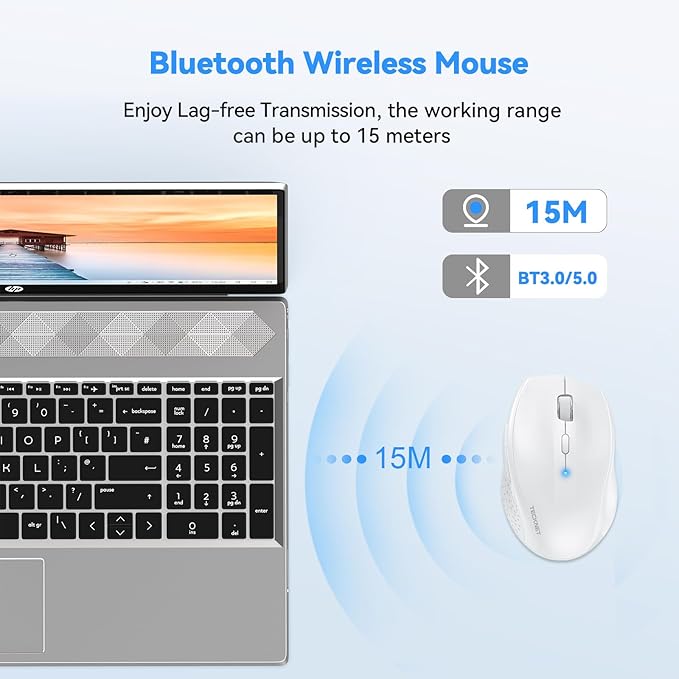 TECKNET Bluetooth Mouse, 4800 DPI Wireless Mouse, 2-Year Battery 6 Adjustable DPI, 6 Buttons Compatible with Laptop/Windows/Computer - White