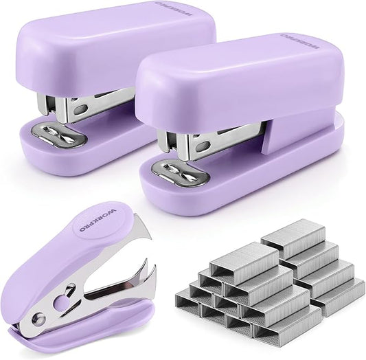 WORKPRO Small Stapler with Staples, Purple Stapler Set Includes Two Mini Staplers, One Staple Remover, 2000 Standard Staples - Cute Staplers for Desk with Non-Slip Base, Lock Design, Colorful