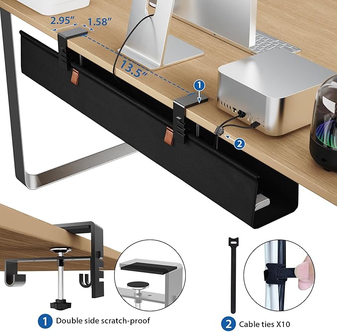 Zilink No Drill Under Desk Cable Management Tray 30" Cord Organizer for Table Clamp/Screw Mount Desk Cable Management Sturdy Waterproof Fabric Cord Hiders for Office, Home