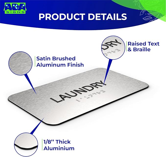 ADASigns Laundry Signs 7" W x 4" H - Durable Brushed Aluminum with Grade 2 Braille - Easy Installation with Strong Double Sided Tape - ADA Compliant Office Door Signs for Businesses & Offices