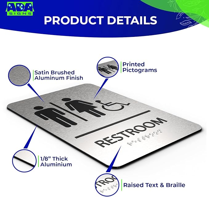 ADASigns Unisex Restroom Sign with Wheelchair Signage – 6" x 9" Durable Brushed Aluminum with Braille and Strong Adhesive Tape Weatherproof ADA Compliant Bathroom Sign for Home, Office & Business
