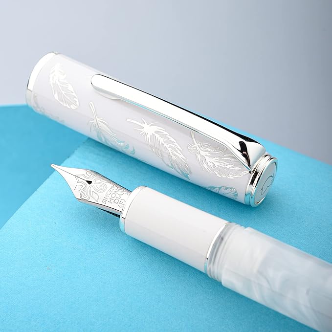 Hongdian N8 White Acrylic Resin Fountain Pen, Iridium Fine Nib Silver Plated Feather Carving Cap Smooth Writing Pen with Converter and Metal Pen Box Set