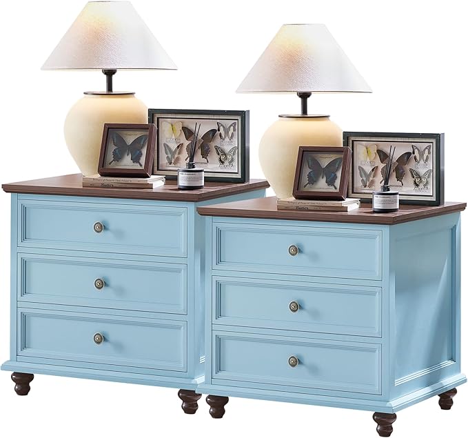 24" Wide Farmhouse Night Stand Set of 2,Large End Table with 3 Drawers & Metal Handle,Light Blue Wood Dresser for Bedroom Cabinet, Bed Side Table Chest of Drawers ,Nightstand for Living Room,Closet
