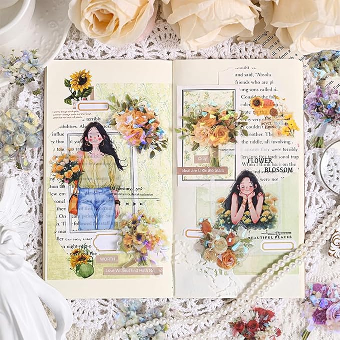 MAFELOE 30 Pieces PET Scrapbook Stickers of Bouquets Theme, Aesthetic Deco Supplies for Junk Bullet Journaling Card Making Daily Planner-Champagne Orange (D-Y4-AYSQ)
