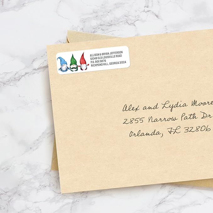 Watercolor Gnome Trio Rolled Address Labels / 250 Personalized Return Address Labels/Designer Address Stickers in Elegant Plastic Dispenser