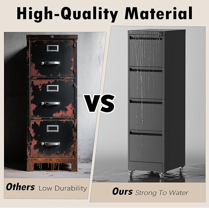 File Cabinet with Lock, 4 Drawers Filing Cabient with Wheel, Steel Vertical Filing Storage Cabinet for Home Office, Heavy-Duty File Cabinets for Letters/Legal/A4 (Require Assembly, Black)