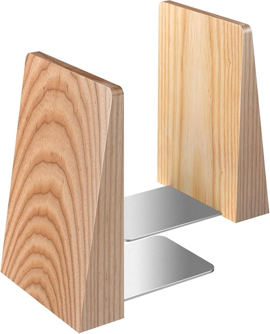 Ash Wood Book Ends Heavy Duty Handmade Book Ends for Shelves Decorative Bookends to Hold Heavy Books (Ash Wood Large)