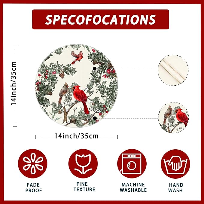 XCHI Cardinal Birds Winter Pine Tree Christmas Xmas Round Placemats Set of 4 Table Mats for Party Home Kitchen Dining Table Decorations 14x14 Inch