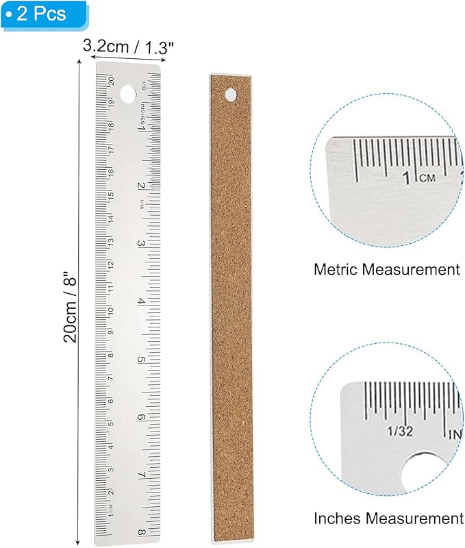 PATIKIL 8 Inch Stainless Steel Ruler Straight Edge Ruler, 2 Pcs Cork Backing Non-Slip Metal Ruler with Inches Centimeter Metric Measuring Tools for Office