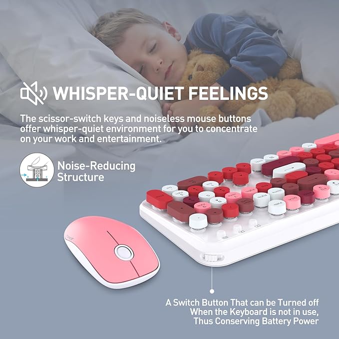 FOPETT 2.4GHz Wireless Keyboard and Mouse Set with Switch Button - Full-Size Keyboard - Compatible for Windows/Laptop/PC/Notebook/Smart TV and More - White Colorful