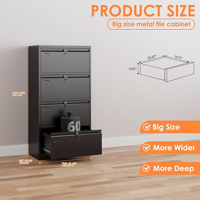 4 Drawer Lateral File Cabinet, Metal Lateral File Cabinets with Lock, Legal Size Steel Lateral Filing Cabinet for Office and Home