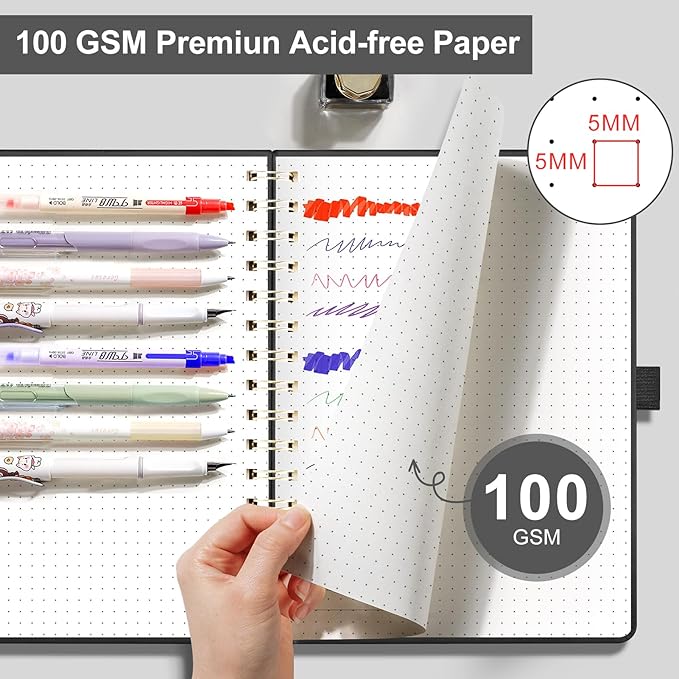 EMSHOI B5 Graph Grid Notebook -140 Pages 100GSM Grid Paper, Vegan Leather Floral Cover with Spiral Binding for Engineering, Bullet Journaling, School & Work - Includes Ruler, Pockets & Stickers -Black