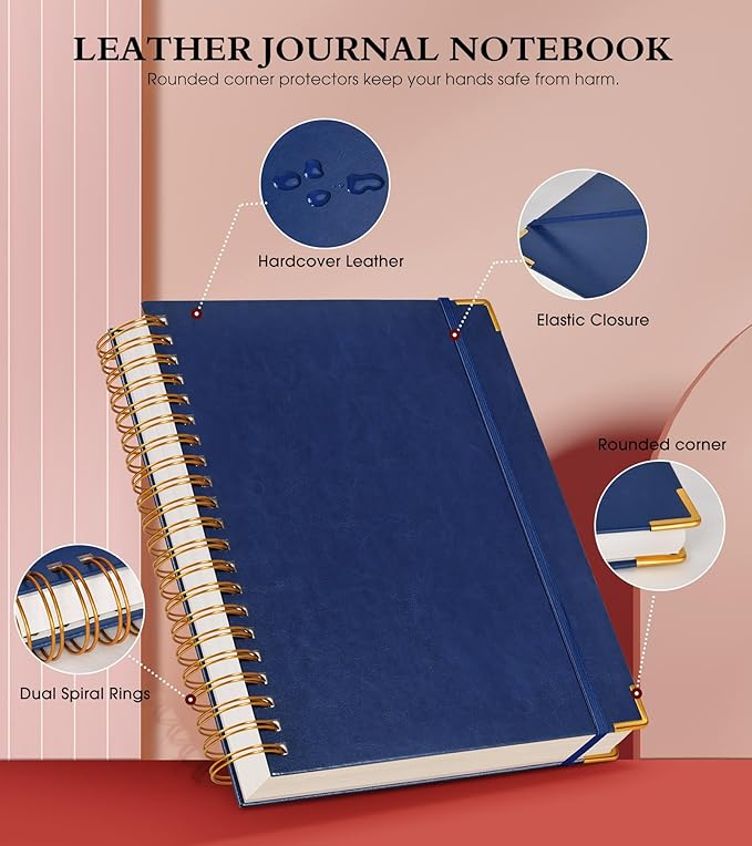 Spiral Notebook Journal 5.75” x 8.38”, 300 Pages Hardcover Leather Lined Journals for Women Men, A5 Small College Ruled Notebooks with 100 GSM Thick Paper, Spiral Journal for Writing Work School, Navy