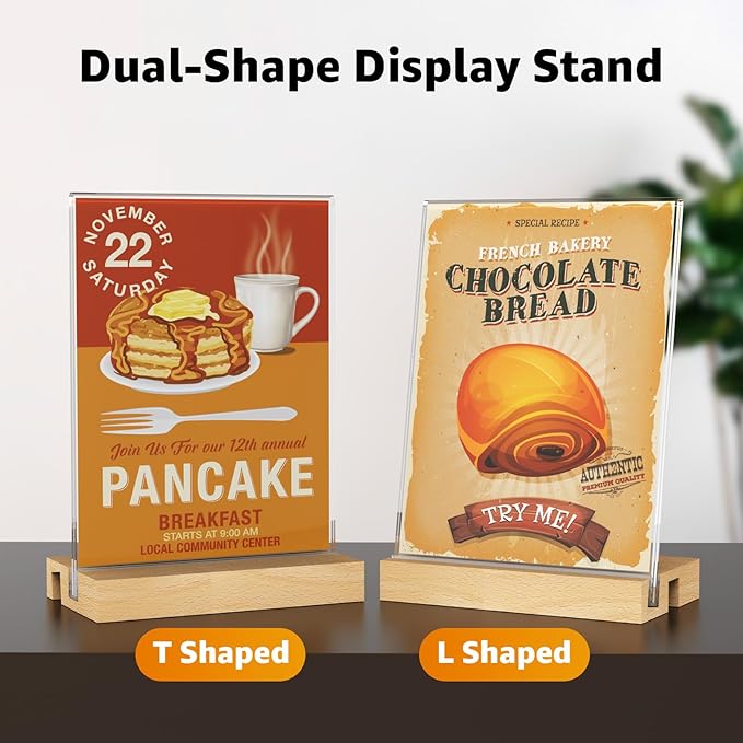 MaxGear L/T Shape Acrylic Sign Holder, 5 X 7 Clear Table Display Stand with Wooden Base, Flyer Menu Holder Photo Frames Paper Stand for Office, Wedding, Restaurants, Hotels 6 Pack