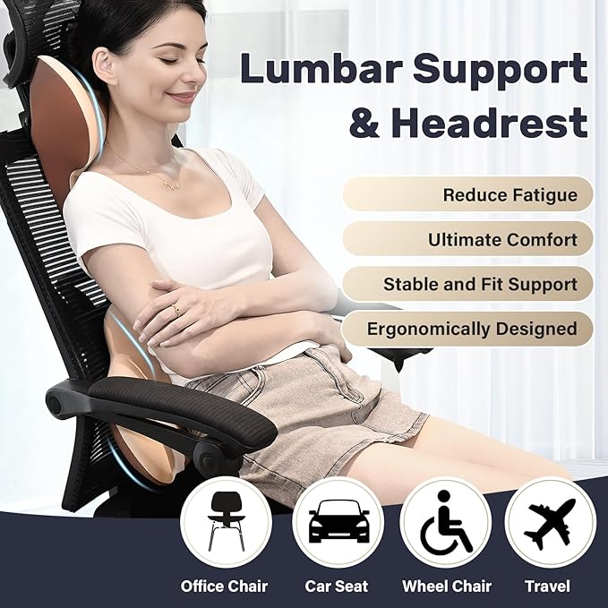 Coverado Lumbar Support and Car Neck Pillow, Ergonomic Memory Foam Desk Chair Cushion and Headrest Pillow for Car Office Chair, Sciatica & Neck & Tailbone Pain Relief Cushion-Beige