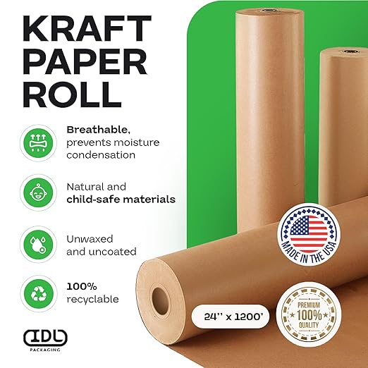 IDL Packaging 24" x 14400" (1200 feet) - USA-Made Large Brown Kraft Paper Roll - 30lb Thickness - Natural Kraft Wrapping Paper for Packing, Void Filling - Craft Material for Kids Art Projects