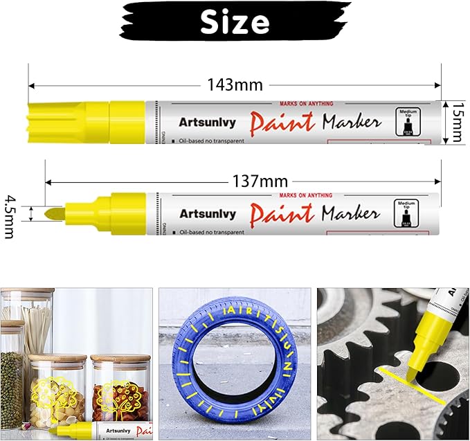 Yellow Paint Pens Permanent Markers - 2 Pack Oil Based Quick Dry Waterproof Markers for Tire, Rubber,Wood, Rocks, Metal, Canvas, Plastic, Dark Surface,Craft Art Supplies,Medium Point