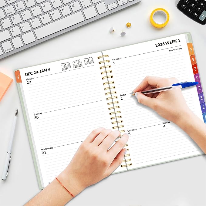 SUNEE 2026 Weekly and Monthly Planner - from January 2026 - December 2026, 6.4" x 8.3" Daily Agenda Planner with Monthly Tab, Flexible Cover, Note Pages, Pockets, Bookmark, Spiral Binding, Gray Blue