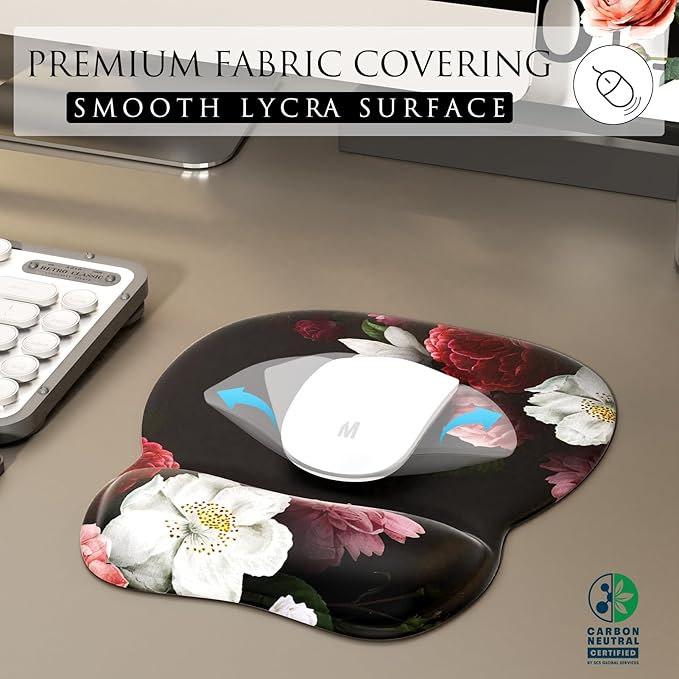 MROCO Ergonomic Mouse Pad with Gel Wrist Rest, Comfortable Mousepad with Smooth Wrist Support Surface and Non-Slip PU Base for Pain Relief, Computer, Laptop, Office & Home, 9.4 x 8.1 in, Black Flower