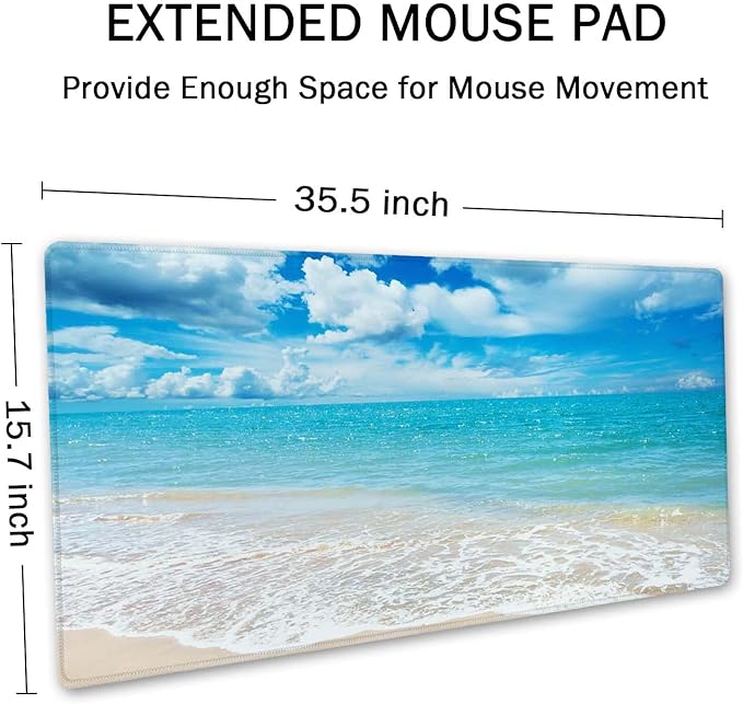 SSOIU Gaming Mouse Pad, Extended Mouse Pad, 35.5x15.7inch XXL Large Big Computer Keyboard Mouse Mat Desk Pad with Non-Slip Base and Stitched Edge for Home Office Gaming Work, Beaches Sunny Day