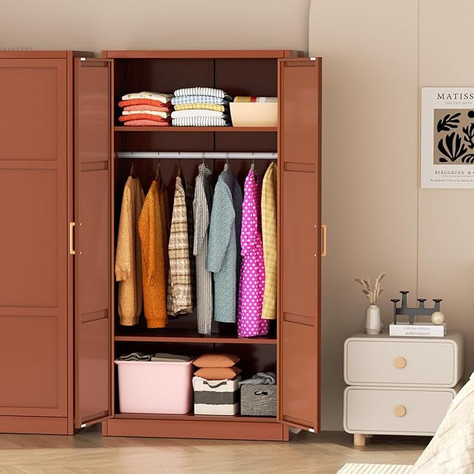Greenvelly Metal Storage Wardrobe Cabinet, 72" Brown Metal Wardrobe Closet for Hanging Clothes with Doors and Shelves, Modern Steel Clothes Closet for Home, Office and Bedroom, School,Gym