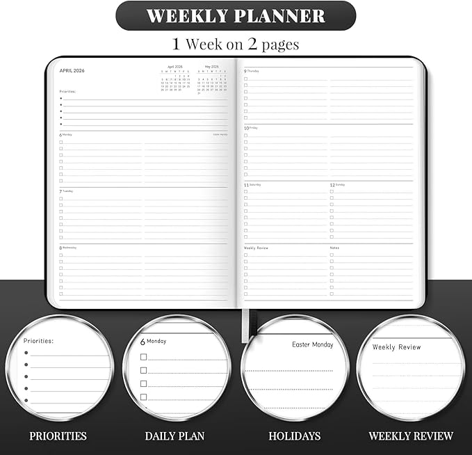 2026 Planner, Large Weekly and Monthly Planners, A4 Faux Leather Daily Calendar 2026 Planner, 12 Month Agenda from Jan. to Dec., Hardcover Habit Tracker Journal(Black)