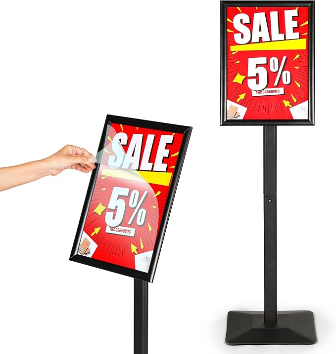 11x17 Standing Sign holder, 360° Adjustable Head and Tool Free Height Adjustment for Advertisement – Pedestal Stand Sign holder with Sturdy Safe Corners and Anti-Tip 4mm Thick Base