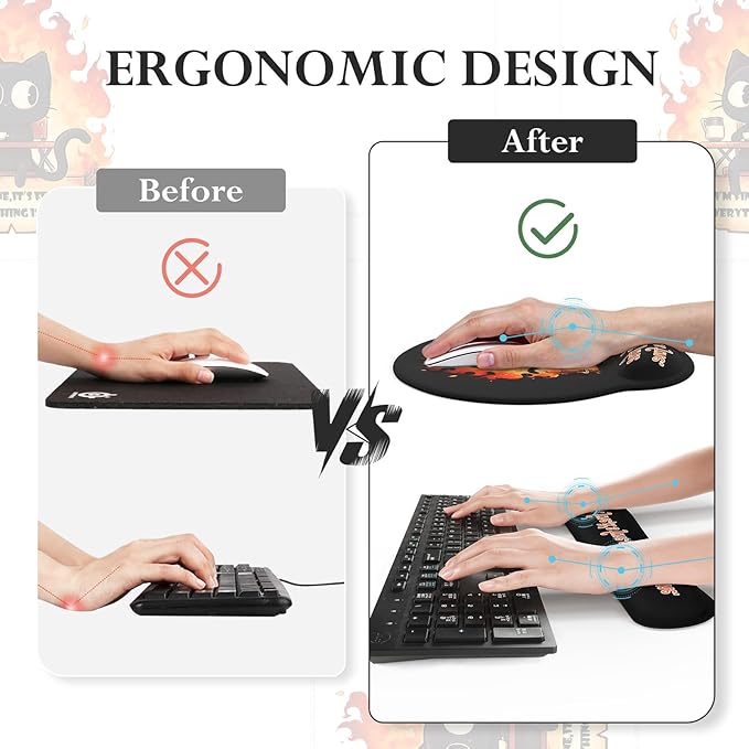 iCasso Black Desk Mat Set,Ergonomic Wrist Pad for Mouse,Funny Cat Dumpster Fire Desk Accessories, Anime Computer Mat, Non-Slip Large Desktop Cover Protector for Office Home Dorm