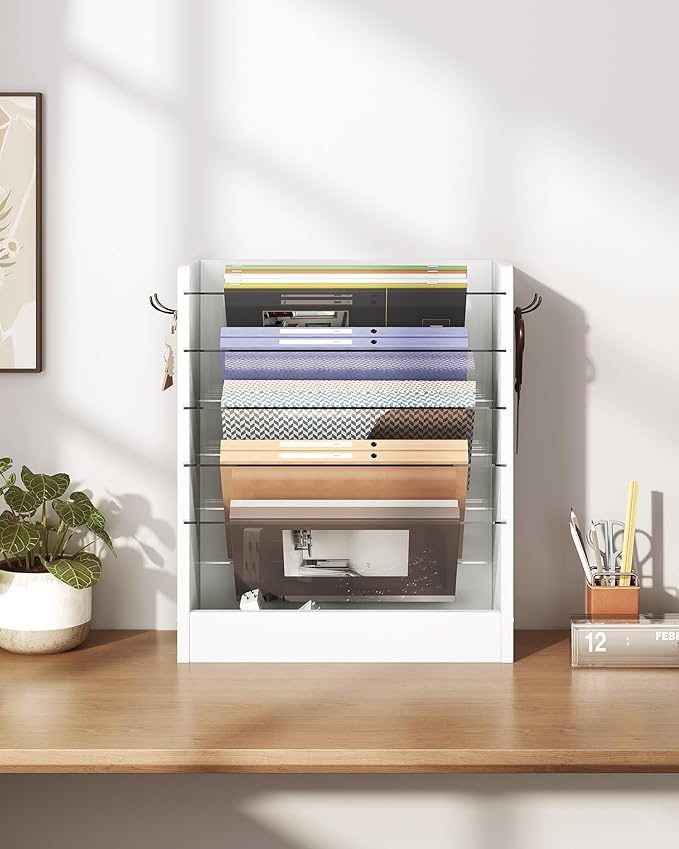 Wall File Holder, 6-Tier File Organizer, Office Supplies Storage Rack, Versatile Desktop Organizer, with Detachable Shelves, with Side Hooks, for Living Room, Study, Home Office, White MWJ02WB