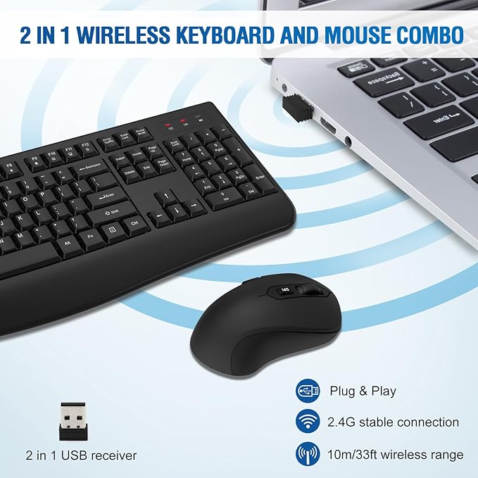 Wireless Keyboard and Mouse Combo, Full-Sized 2.4GHz Wireless Keyboard with Comfortable Palm Rest and Optical Mouse for Windows, Mac OS PC/Desktops/Computer/Laptops (8 Pack)