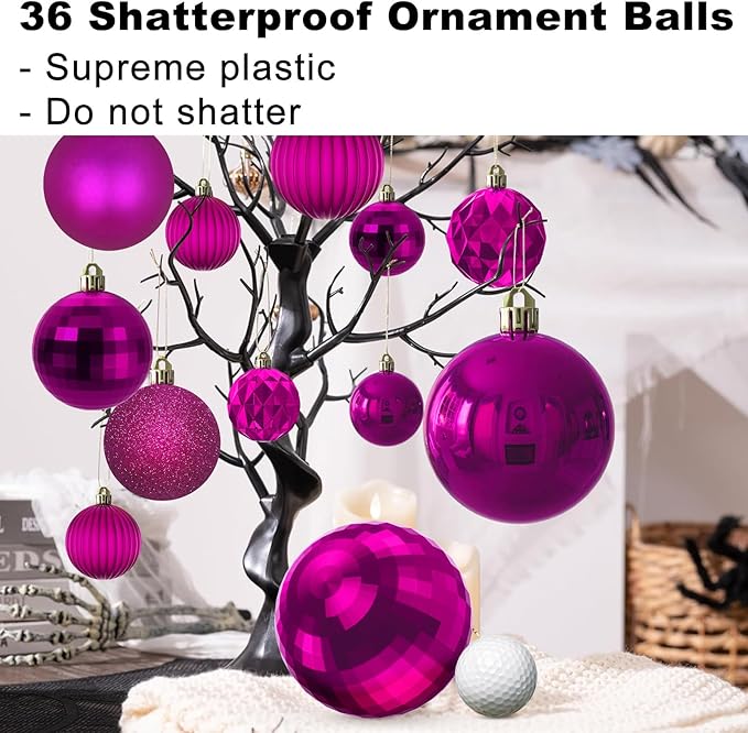 Fuchsia Christmas Ornaments - Christmas Tree Decorations Shatterproof Hanging Balls for Birthday Wedding Holiday Decor Set of 36pcs, Multi-Sizes(1.6",2.5",3.2")